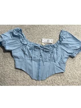 NWT Pascun L.A Heart Womens Medium Linen Rayon Puff Sleeve Corset Crop Top Blue